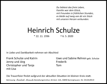 Traueranzeige von Heinrich Schulze von Hannoversche Allgemeine Zeitung/Neue Presse