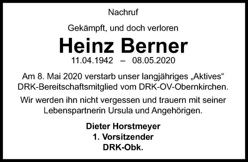  Traueranzeige für Heinz Berner vom 16.05.2020 aus Schaumburger Nachrichten