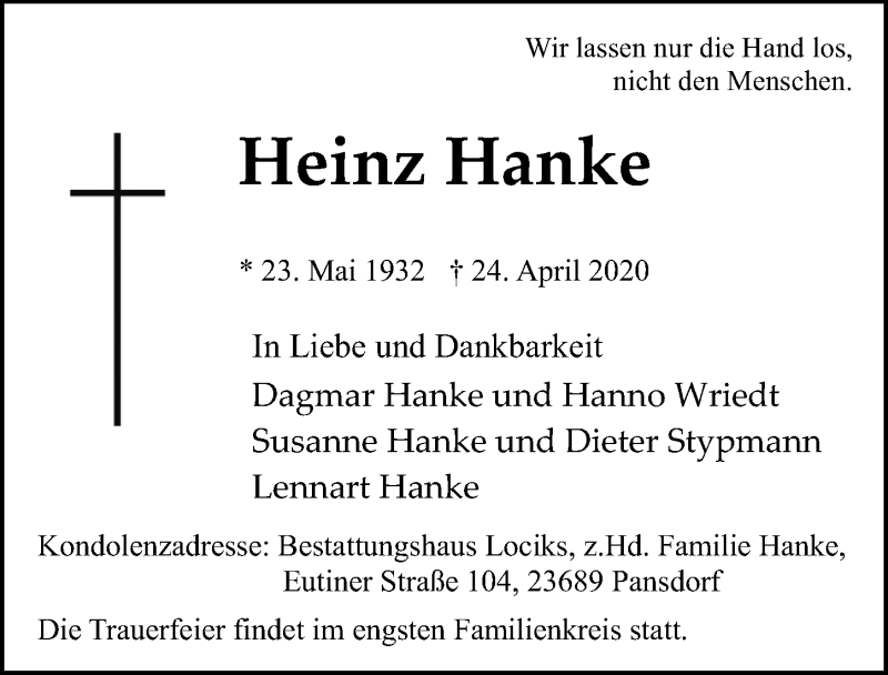  Traueranzeige für Heinz Hanke vom 03.05.2020 aus Lübecker Nachrichten
