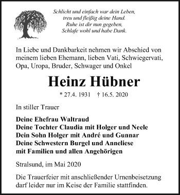 Traueranzeige von Heinz Hübner von Ostsee-Zeitung GmbH
