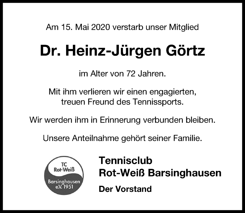  Traueranzeige für Heinz-Jürgen Görtz vom 27.05.2020 aus Hannoversche Allgemeine Zeitung/Neue Presse