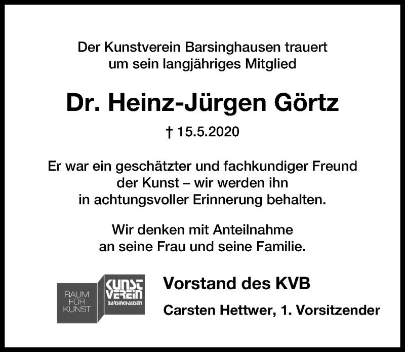  Traueranzeige für Heinz-Jürgen Görtz vom 27.05.2020 aus Hannoversche Allgemeine Zeitung/Neue Presse