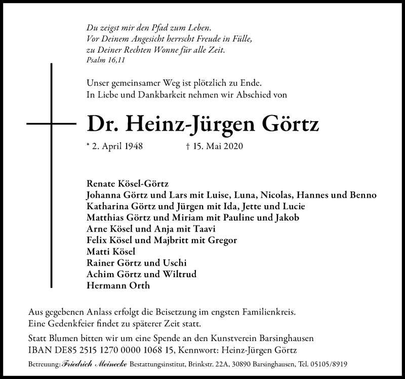 Traueranzeige für Heinz-Jürgen Görtz vom 19.05.2020 aus Hannoversche Allgemeine Zeitung/Neue Presse