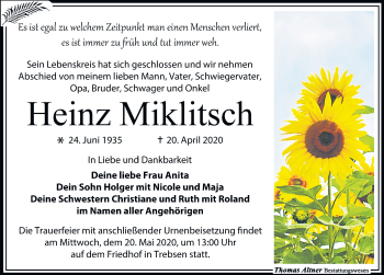 Traueranzeige von Heinz Miklitsch von Leipziger Volkszeitung