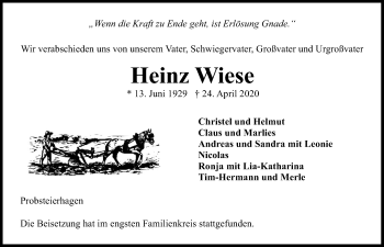 Traueranzeige von Heinz Wiese von Kieler Nachrichten