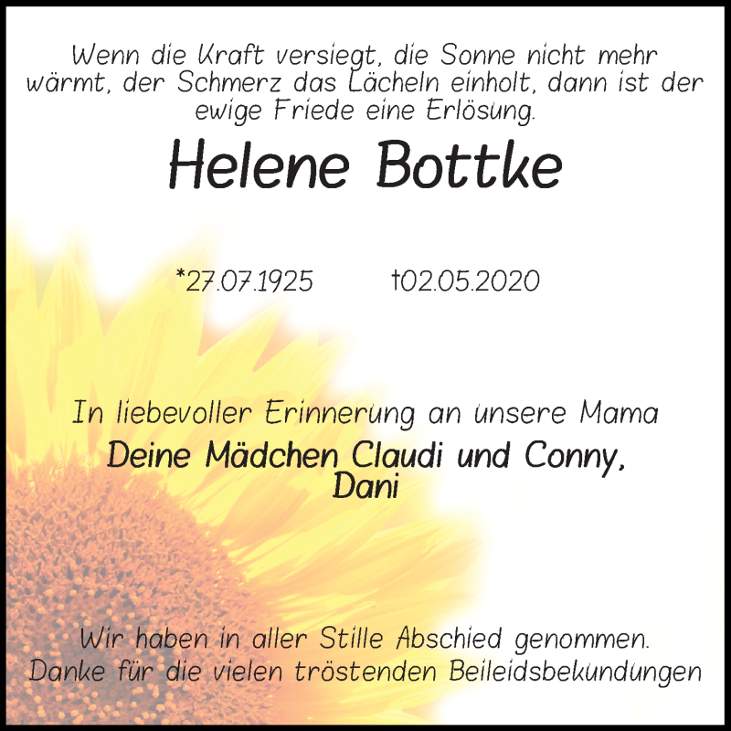  Traueranzeige für Helene Bottke vom 24.05.2020 aus Lübecker Nachrichten