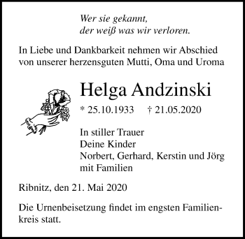 Traueranzeige von Helga Andzinski von Ostsee-Zeitung GmbH