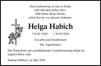 Traueranzeige von Helga Habich von Ostsee-Zeitung GmbH