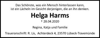 Traueranzeige von Helga Harms von Lübecker Nachrichten