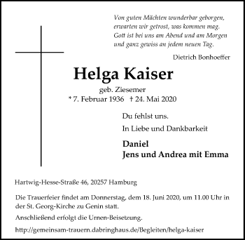 Traueranzeige von Helga Kaiser von Lübecker Nachrichten