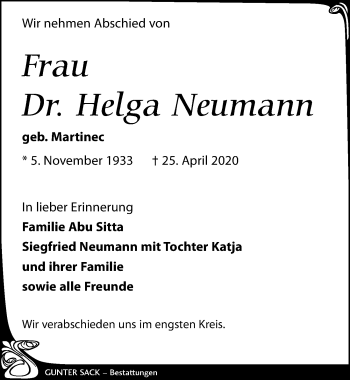 Traueranzeige von Helga Neumann von Leipziger Volkszeitung