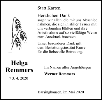 Traueranzeige von Helga Remmers von Hannoversche Allgemeine Zeitung/Neue Presse