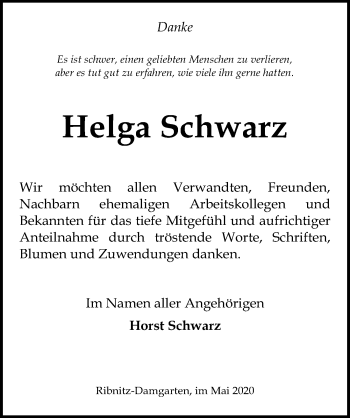 Traueranzeige von Helga Schwarz von Ostsee-Zeitung GmbH