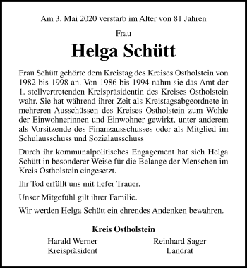 Traueranzeige von Helga Schütt von Lübecker Nachrichten