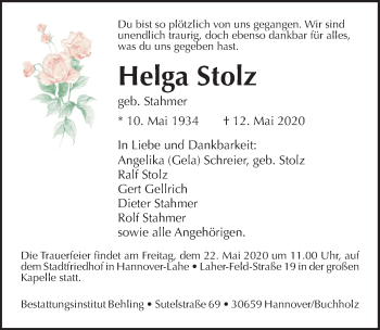 Traueranzeige von Helga Stolz von Hannoversche Allgemeine Zeitung/Neue Presse