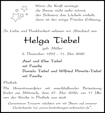 Traueranzeige von Helga Tiebel von Kieler Nachrichten