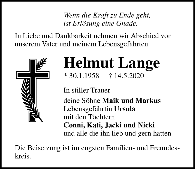  Traueranzeige für Helmut Lange vom 23.05.2020 aus Ostsee-Zeitung GmbH