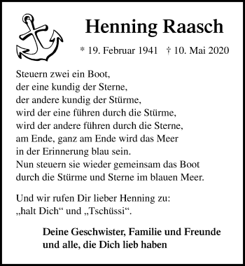 Traueranzeige von Henning Raasch von Lübecker Nachrichten