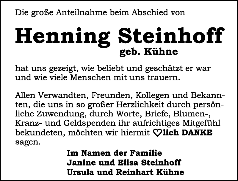  Traueranzeige für Henning Steinhoff vom 30.05.2020 aus Hannoversche Allgemeine Zeitung/Neue Presse