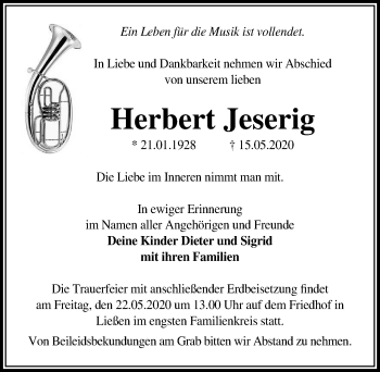 Traueranzeige von Herbert Jeserig von Märkischen Allgemeine Zeitung