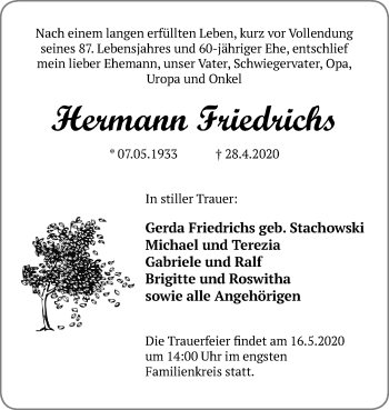 Traueranzeige von Hermann Friedrichs von Göttinger Tageblatt