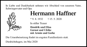 Traueranzeige von Hermann Haffner von Ostsee-Zeitung GmbH