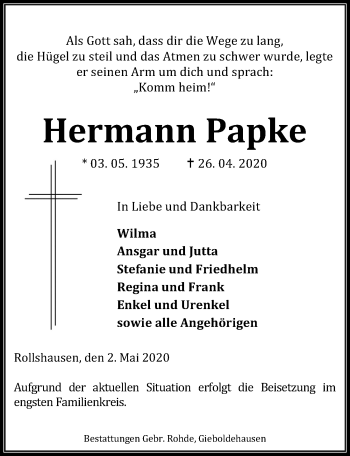 Traueranzeige von Hermann Papke von Eichsfelder Tageblatt