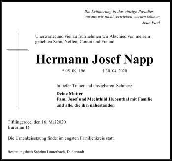 Traueranzeige von Hermann Josef Napp von Eichsfelder Tageblatt