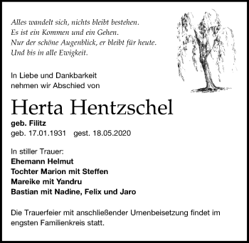 Traueranzeige von Herta Hentzschel von Leipziger Volkszeitung