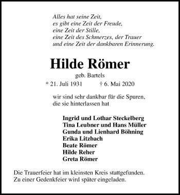 Traueranzeige von Hilde Römer von Lübecker Nachrichten