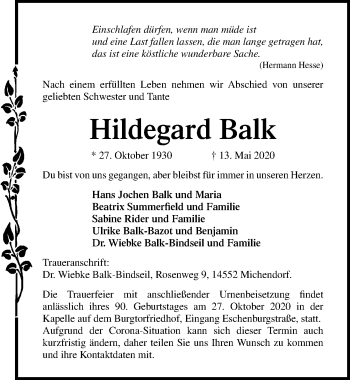 Traueranzeige von Hildegard Balk von Lübecker Nachrichten