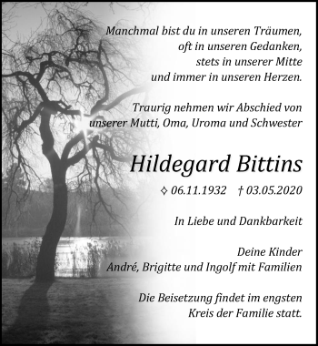 Traueranzeige von Hildegard Bittins von Ostsee-Zeitung GmbH
