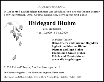 Traueranzeige von Hildegard Bluhm von Peiner Allgemeine Zeitung