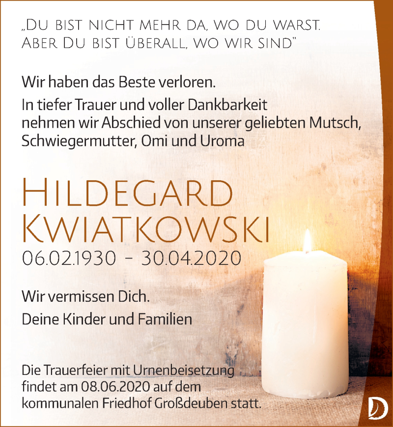  Traueranzeige für Hildegard Kwiatkowski vom 27.05.2020 aus Leipziger Volkszeitung