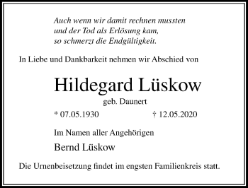 Traueranzeige von Hildegard Lüskow von Ostsee-Zeitung GmbH