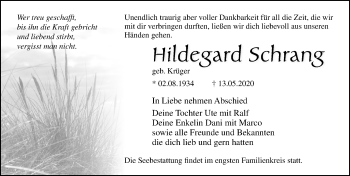 Traueranzeige von Hildegard Schrang von Ostsee-Zeitung GmbH