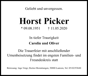 Traueranzeige von Horst Picker von Hannoversche Allgemeine Zeitung/Neue Presse