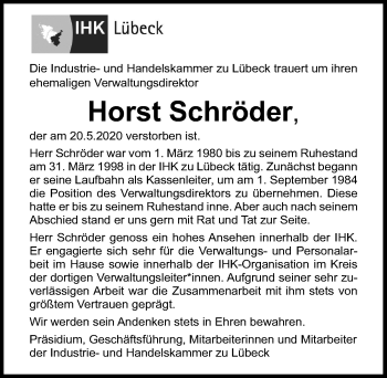 Traueranzeige von Horst Schröder von Lübecker Nachrichten