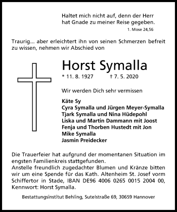 Traueranzeige von Horst Symalla von Hannoversche Allgemeine Zeitung/Neue Presse