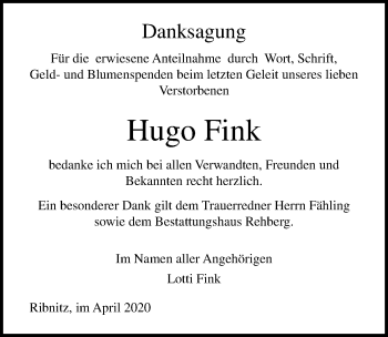 Traueranzeige von Hugo Fink von Ostsee-Zeitung GmbH