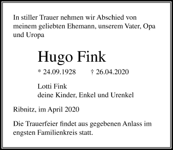 Traueranzeige von Hugo Fink von Ostsee-Zeitung GmbH