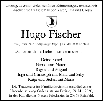 Traueranzeige von Hugo Fischer von Lübecker Nachrichten