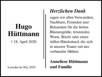 Traueranzeige von Hugo Hüttmann von Lübecker Nachrichten