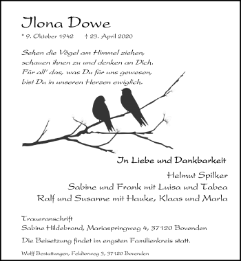 Traueranzeige von Ilona Dowe von Göttinger Tageblatt