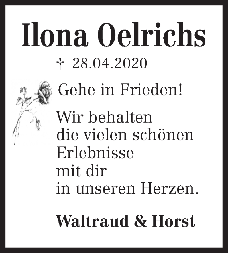  Traueranzeige für Ilona Oelrichs vom 05.05.2020 aus Kieler Nachrichten