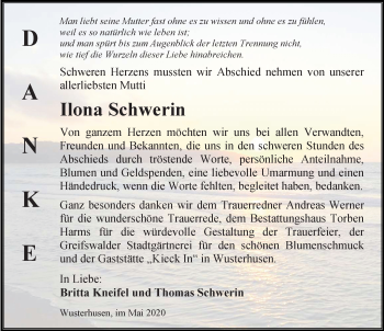 Traueranzeige von Ilona Schwerin von Ostsee-Zeitung GmbH