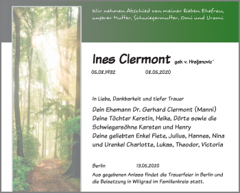 Traueranzeige von Ines Clermont von Ostsee-Zeitung GmbH
