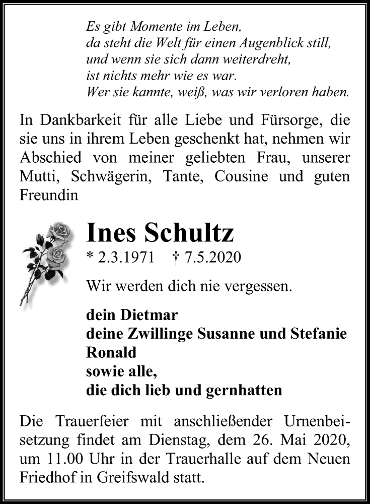  Traueranzeige für Ines Schultz vom 16.05.2020 aus Ostsee-Zeitung GmbH