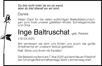 Traueranzeige von Inge Baltruschat von Ostsee-Zeitung GmbH