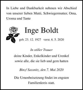 Traueranzeige von Inge Boldt von Ostsee-Zeitung GmbH